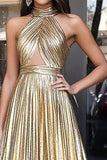 Gold A Line Metallic Halter Neck Pleated Long Formal Dress with Keyhole