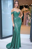 Sparkly Green Off the Shoulder Mermaid Sequins Long Formal Dress