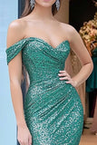 Sparkly Green Off the Shoulder Mermaid Sequins Long Formal Dress
