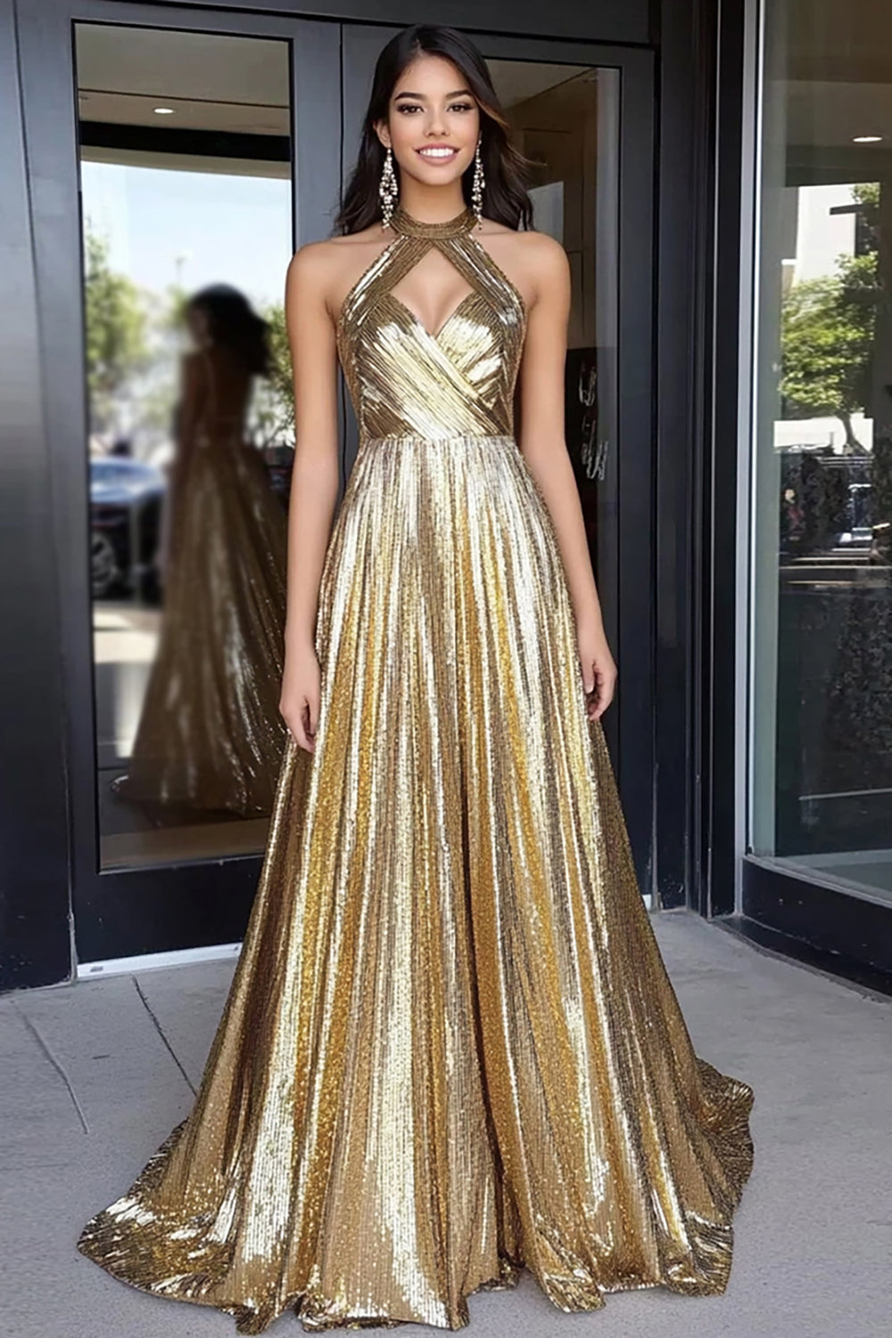 Gold Metallic Halter Neck A Line Pleated Long Formal Dress