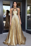 Gold Metallic Halter Neck A Line Pleated Long Formal Dress