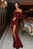 Burgundy Satin Off the Shoulder Sheath Long Formal Dress with Slit