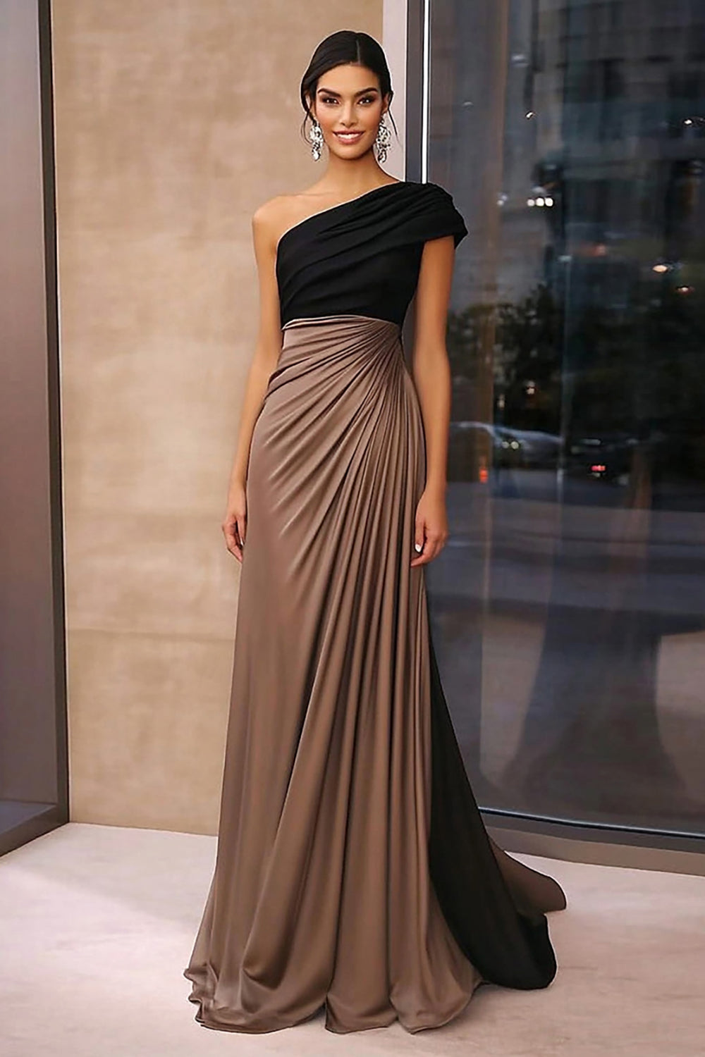 Zapaka Women Brown Crepe Gala Dress Sheath Ruched One Shoulder Long Formal Dress