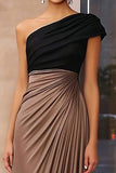 Brown Black Crepe Sheath Ruched One Shoulder Gala Dress