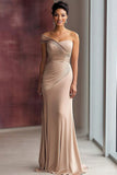Light Khaki Jersey Sheath One Shoulder Pleated Long Formal Dress