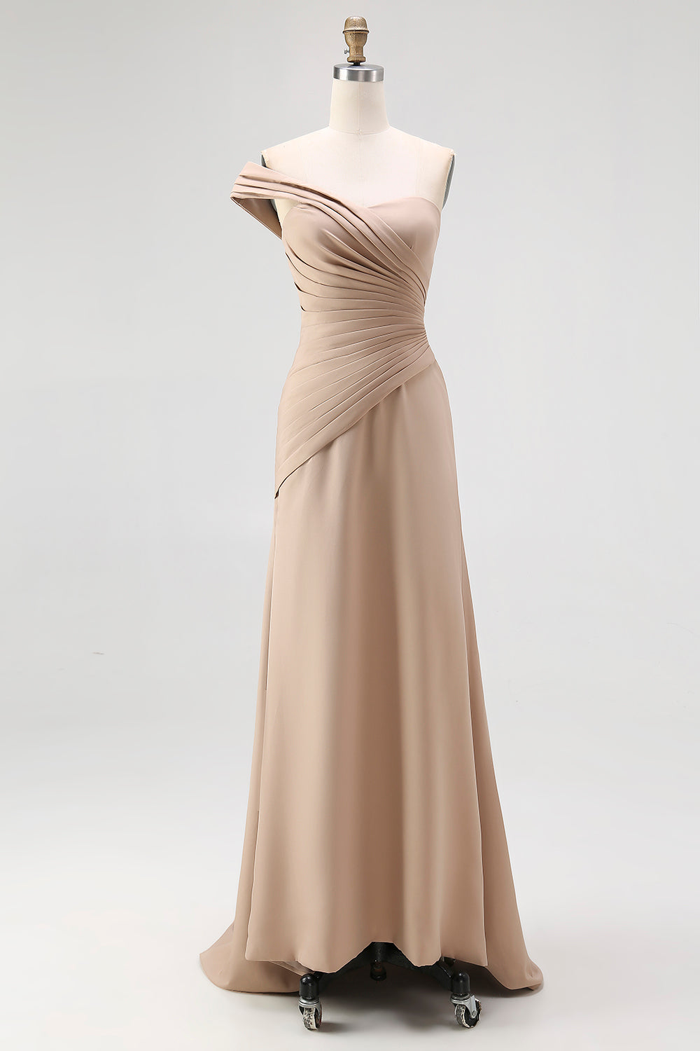 Light Khaki Jersey Sheath One Shoulder Pleated Long Formal Dress