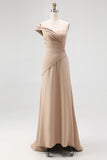 Light Khaki Jersey Sheath One Shoulder Pleated Long Formal Dress