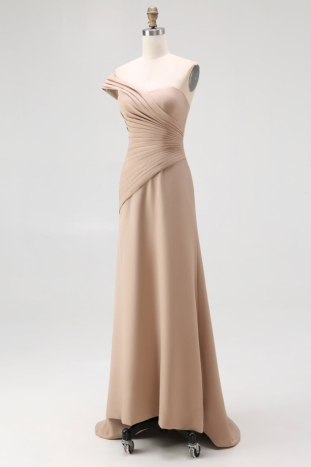 Light Khaki Jersey Sheath One Shoulder Pleated Long Formal Dress