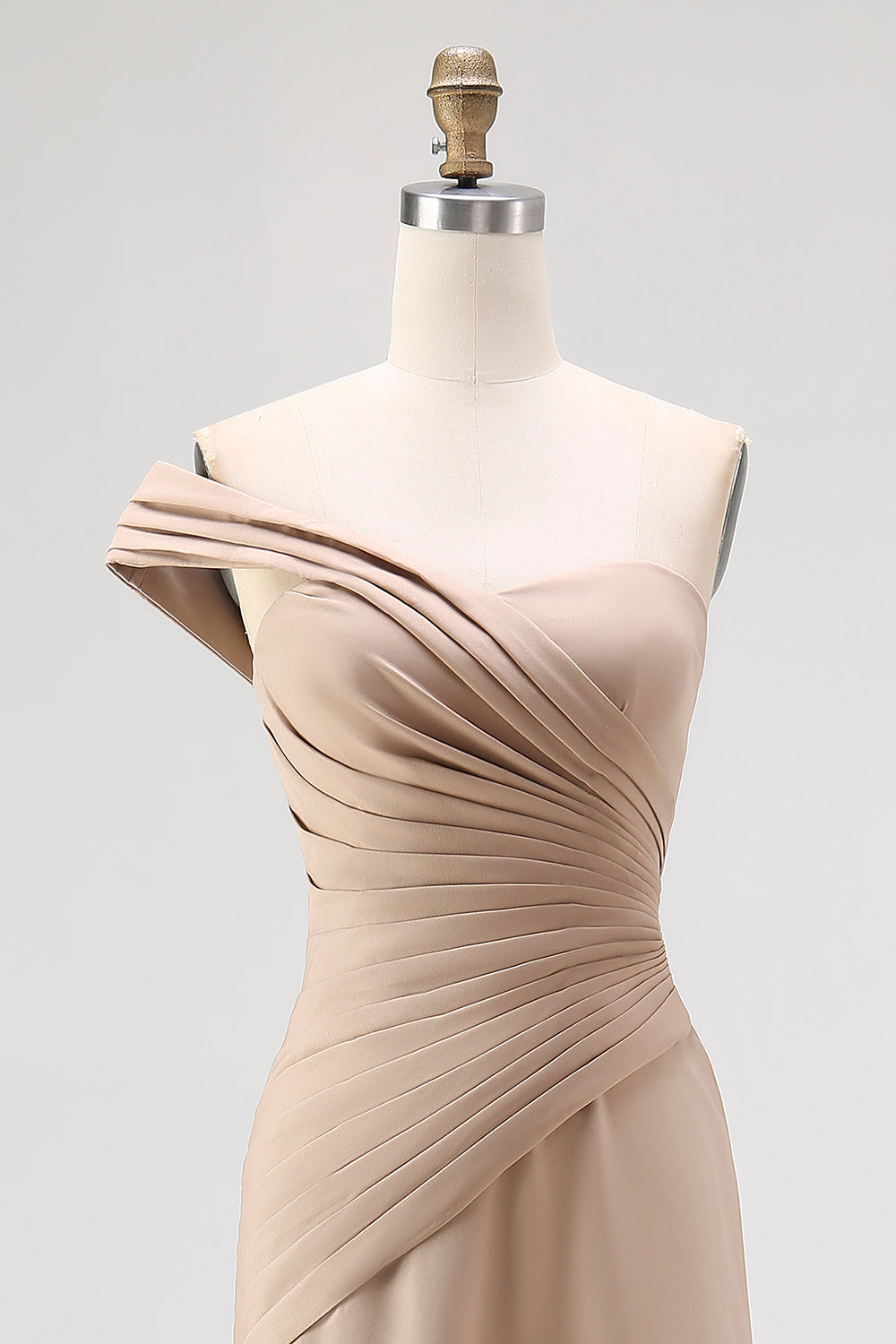 Light Khaki Jersey Sheath One Shoulder Pleated Long Formal Dress