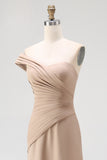 Light Khaki Jersey Sheath One Shoulder Pleated Long Formal Dress