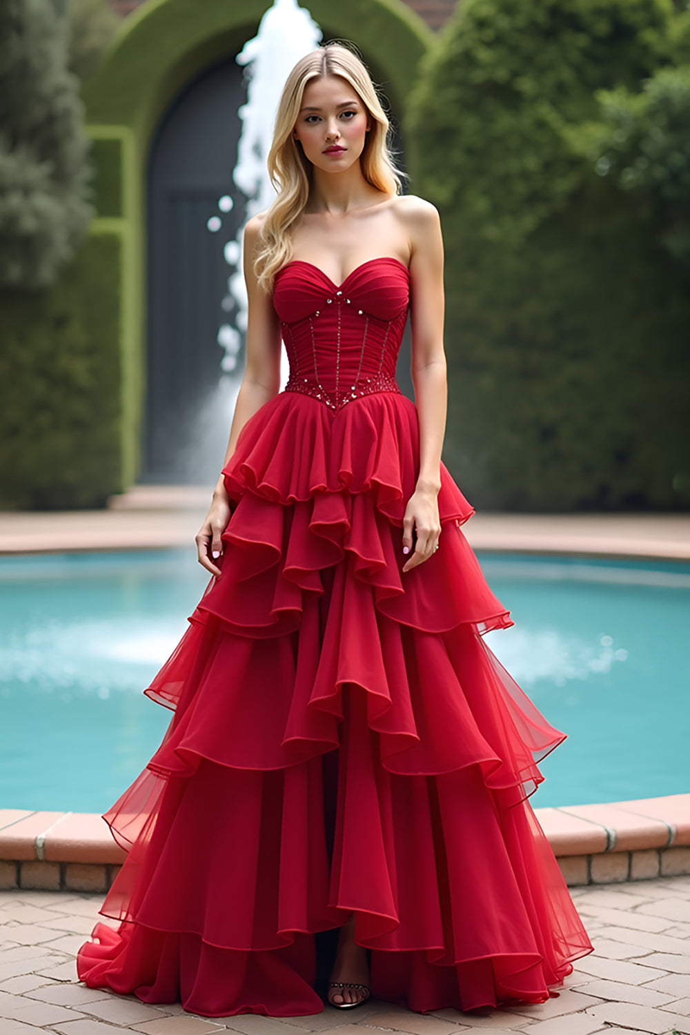 Sparkly Red Sweetheart Ball Gown Ruffled Long Formal Dress