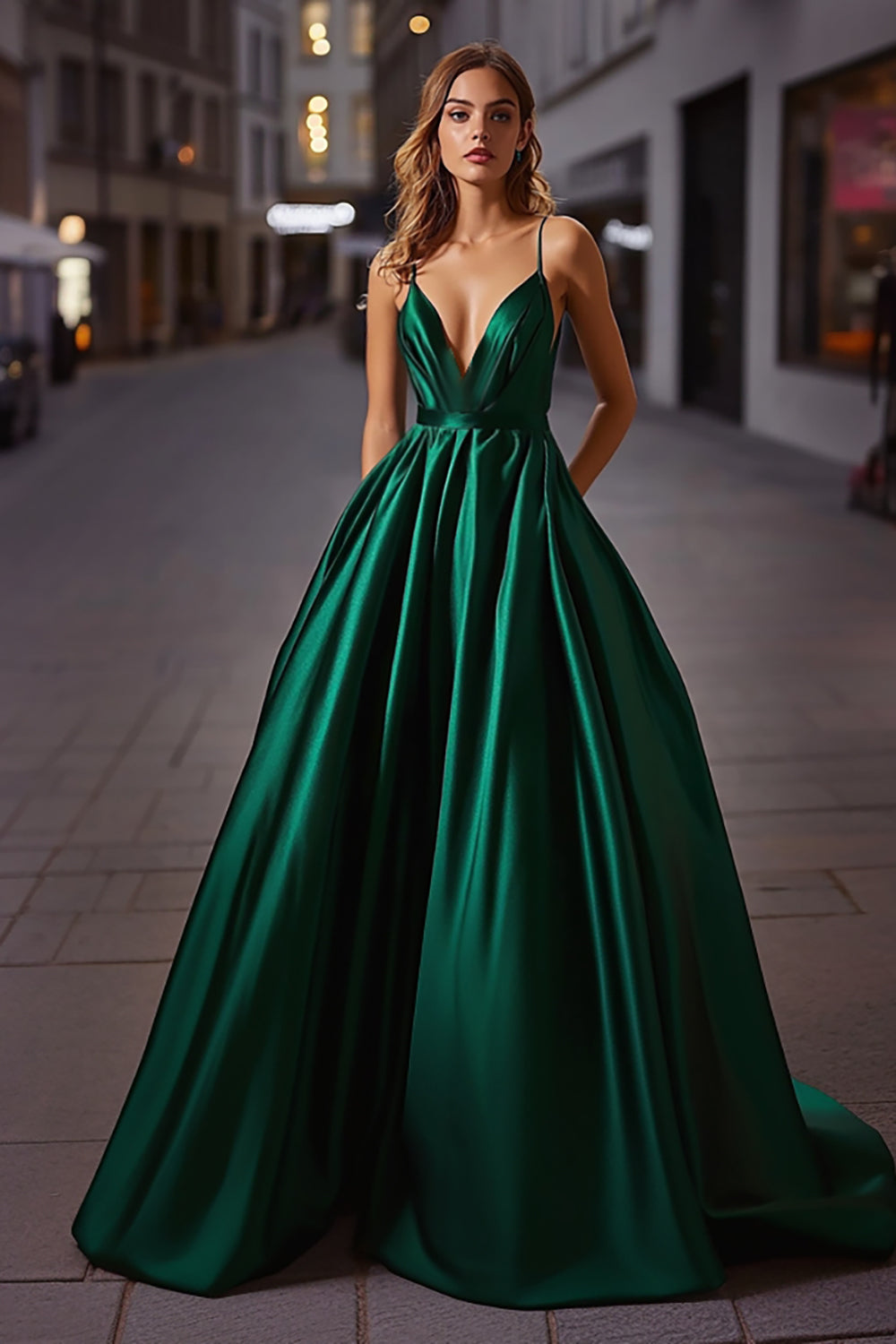 Elegant Satin Dark Green A Line Spaghetti Straps Long Formal Dress