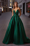 Elegant Satin Dark Green A Line Spaghetti Straps Long Formal Dress