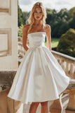 White A Line Satin Strapless Midi Graduation Dress with Bowknot