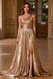 Gold A Line One Shoulder Long Metallic Formal Dress With Slit