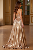 Gold A Line One Shoulder Long Metallic Formal Dress With Slit