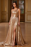 Gold A Line One Shoulder Long Metallic Formal Dress With Slit
