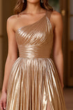Gold A Line One Shoulder Long Metallic Formal Dress With Slit