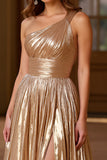 Gold A Line One Shoulder Long Metallic Formal Dress With Slit