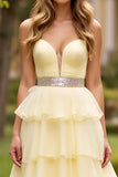 Light Yellow A Line Sweetheart Tiered Long Formal Dress With Beading