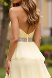 Light Yellow A Line Sweetheart Tiered Long Formal Dress With Beading