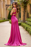 Fuchsia A Line Deep V Neck Ruched Long Formal Dress With Slit