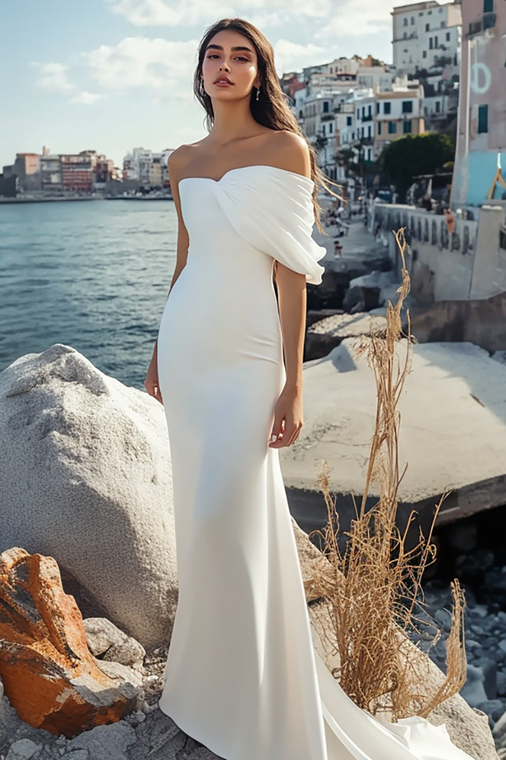 White One Shoulder Ruched Mermaid Sweep Train Wedding Dress