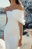 White One Shoulder Ruched Mermaid Sweep Train Wedding Dress