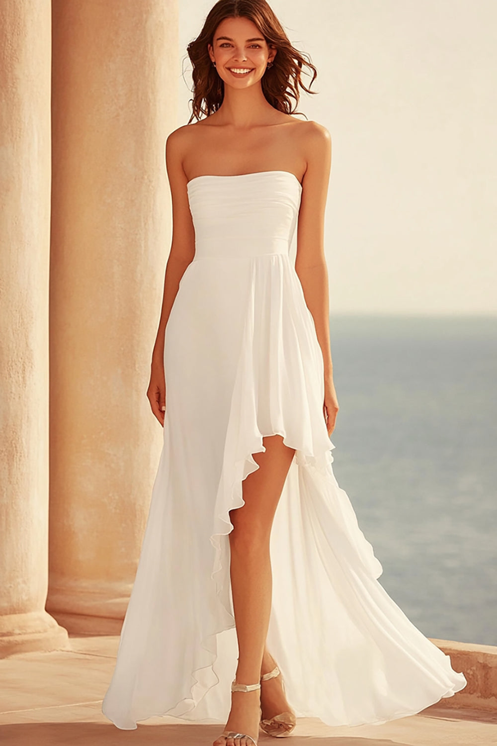 A Line White Strapless Ruffled Long Formal Dress with Slit
