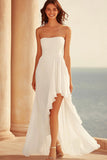 A Line White Strapless Ruffled Long Formal Dress with Slit