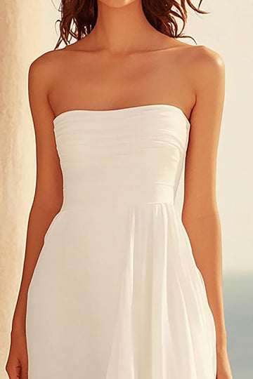 A Line White Strapless Ruffled Long Formal Dress with Slit