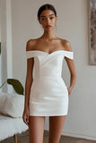 White Off The Shoulder Short Bodycon Satin Graduation Dress