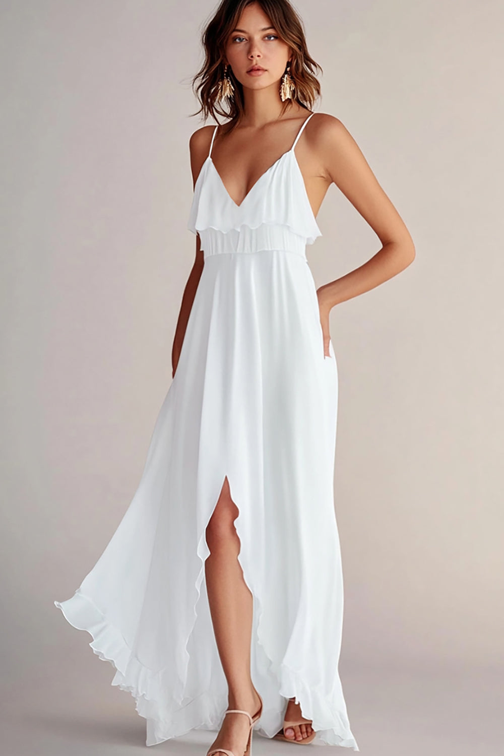 White Ruffled A Line Spaghetti Straps Graduation Dress with Slit