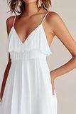 White Ruffled A Line Spaghetti Straps Graduation Dress with Slit