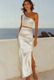 Ivory Satin Sheath One Shoulder Boho Maxi Dress with Slit