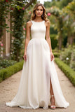 Ivory A Line Chiffon Sweep Strain Wedding Dress with Slit