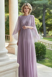Lilac Pleated A Line Chiffon Mother of the Bride Dress with Sleeves