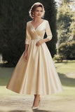 Champagne A Line 3/4 Sleeves V Neck Long Mother of the Bride Dress