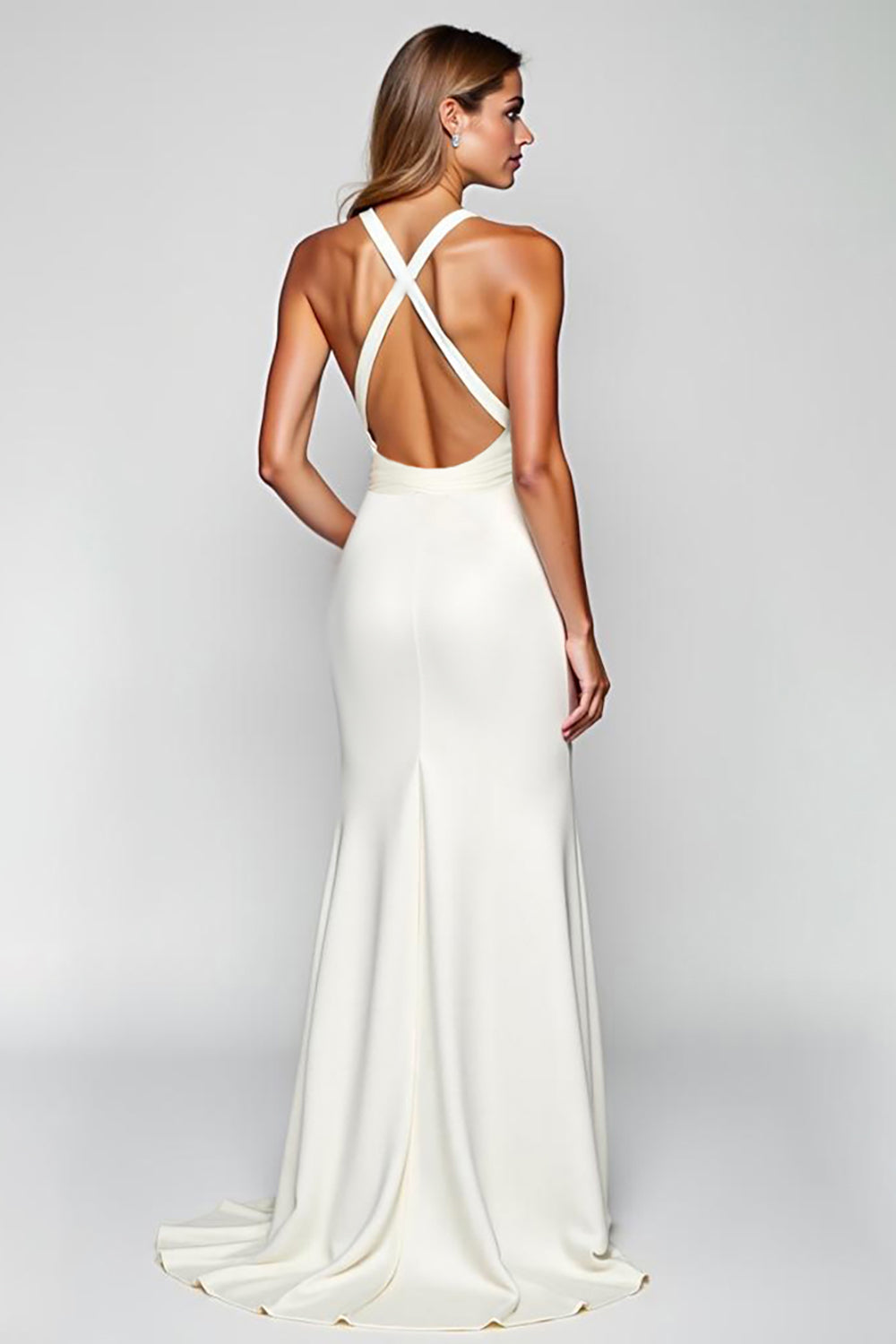 White Halter Satin Long Sheath Formal Dress