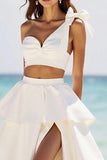 White One Shoulder Ruffled A Line Formal Dress with Slit