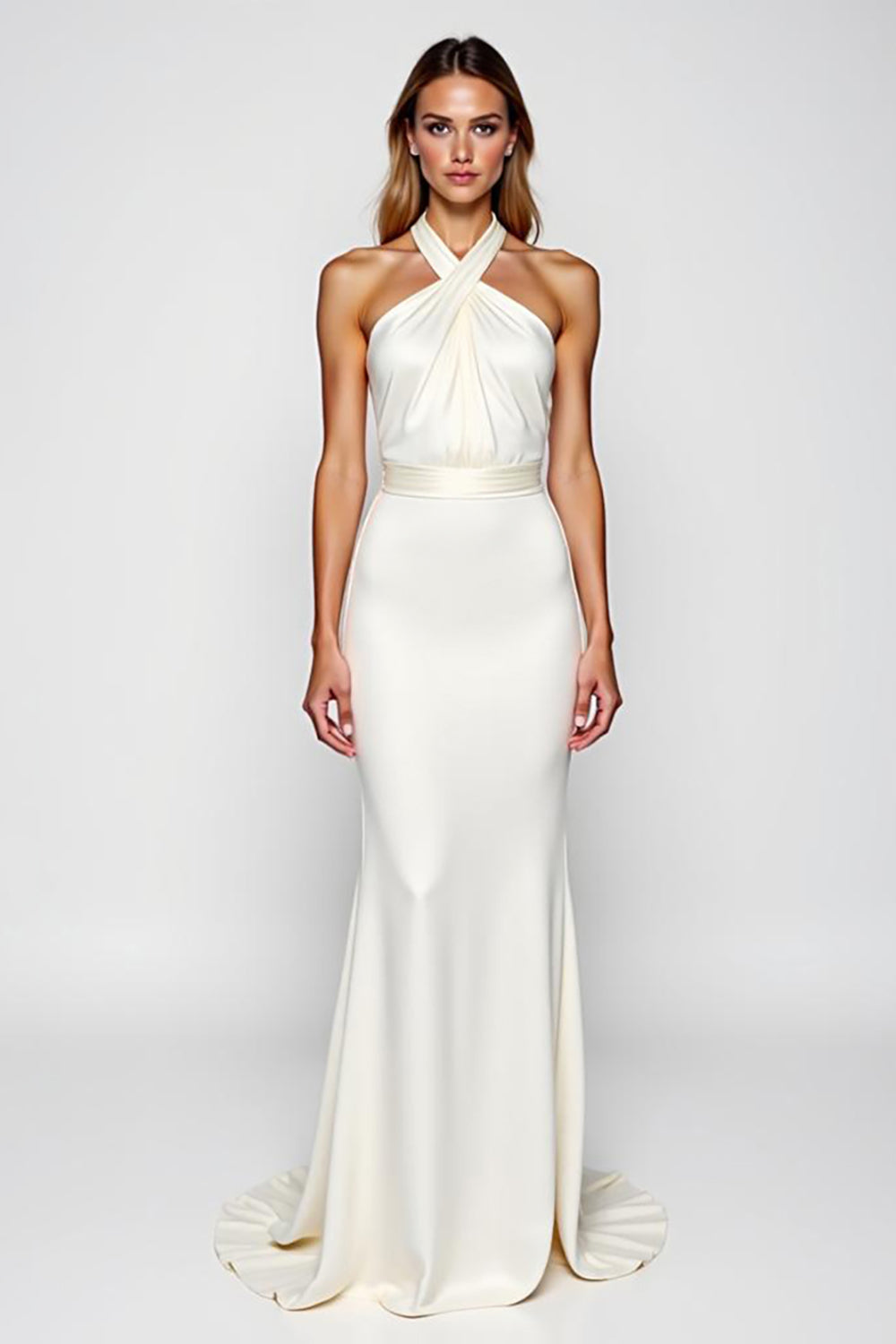 White Sheath Criss Cross Halter Long Formal Dress