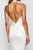 White Sheath Criss Cross Halter Long Formal Dress