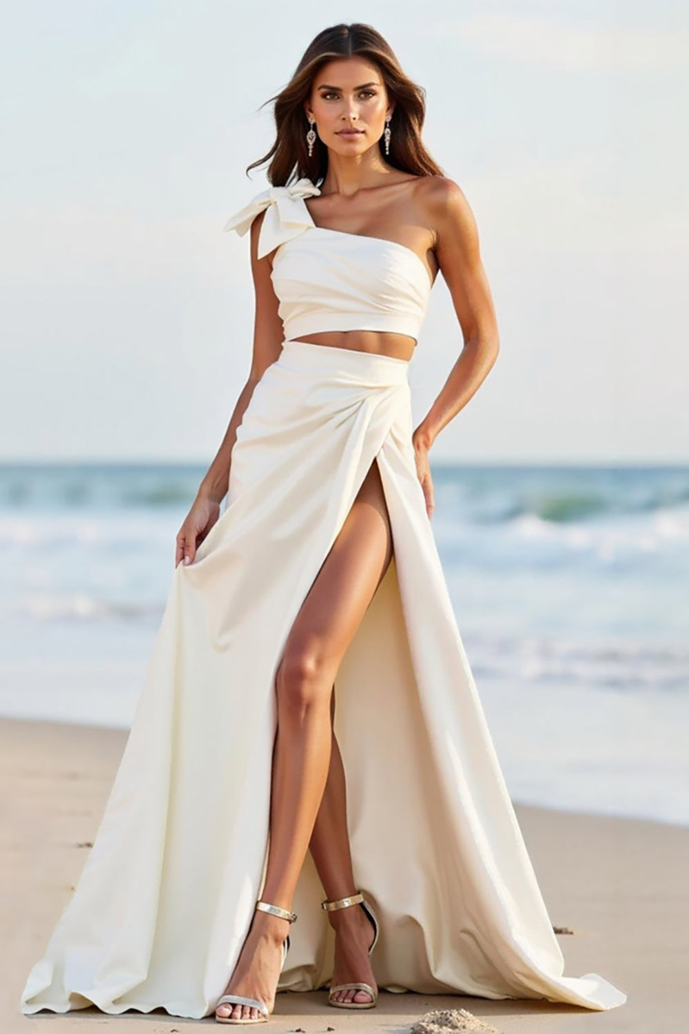 One Shoulder A Line White Long Formal Dress with Slit