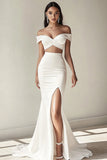 White Off The Shoulder Mermaid Long Formal Dress with Slit