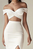 White Off The Shoulder Mermaid Long Formal Dress with Slit