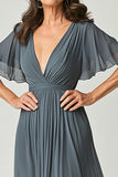 Elegant Twilight A-Line V-neck Ruch Long Chiffon Mother Of the Bride Dress with Sleeves