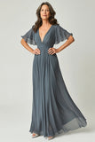 Elegant Twilight A-Line V-neck Ruch Long Chiffon Mother Of the Bride Dress with Sleeves