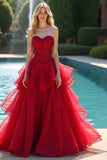 Red A Line Sweetheart Long Ruffled Formal Dress