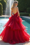 Red A Line Sweetheart Long Ruffled Formal Dress
