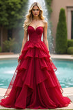 A Line Lace Red Sweetheart Long Formal Dress